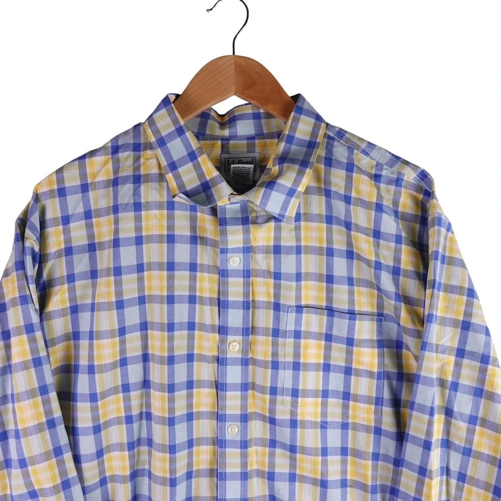 LL Bean Mens XXL Traditional Fit Plaid Button Down Shirt Blue Yellow 519207